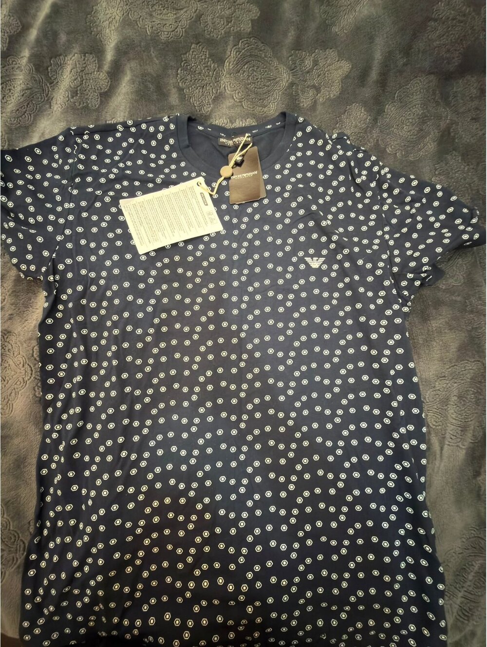 Emporio Armani Men's Navy Blue Patterned T-Shirt Size S